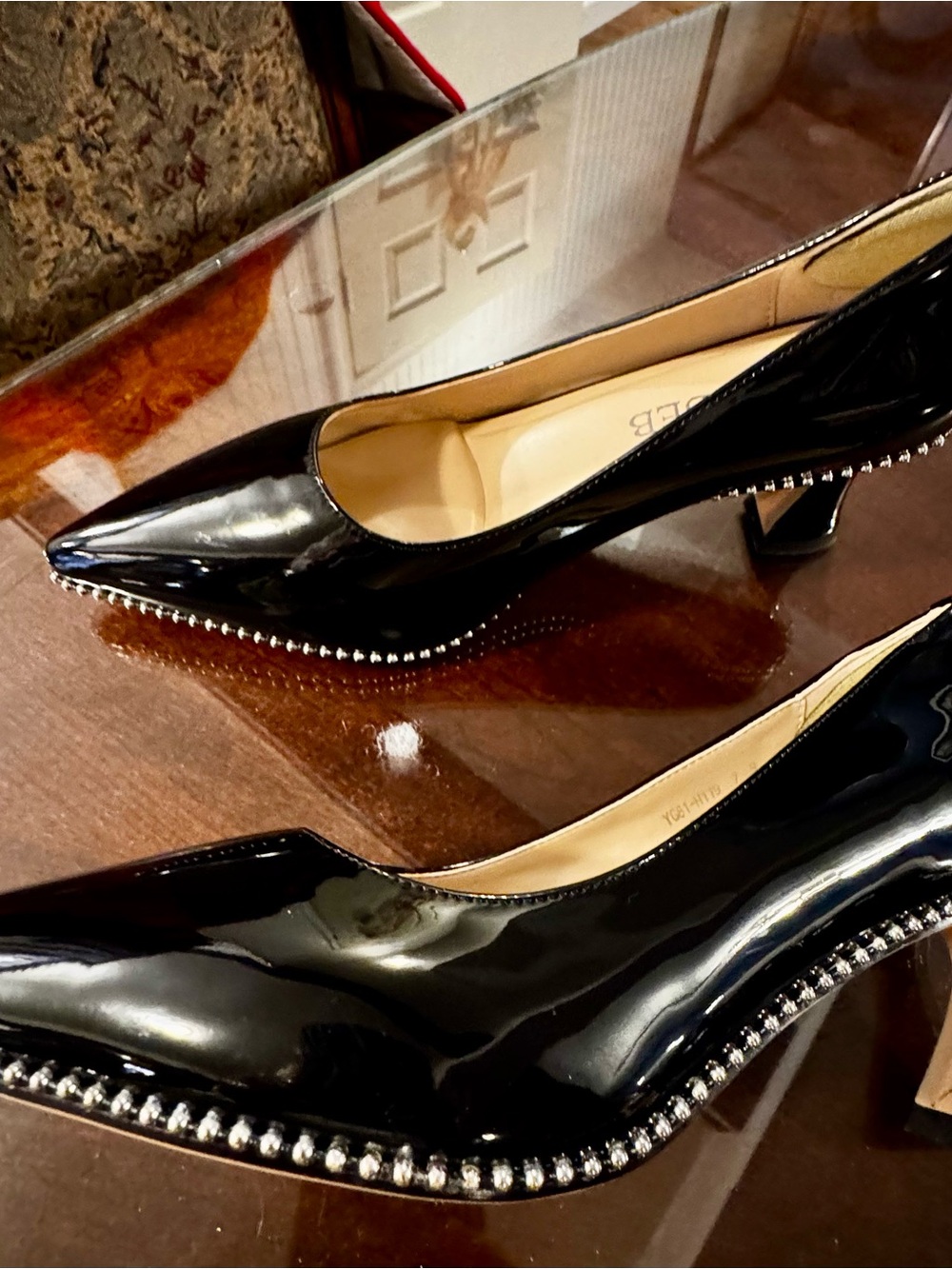 Black Patent Pointed Toe Pumps with Silver Stud Trim